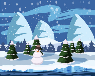 冬天可爱的风景, 雪人, 圣诞树在雪中, 河流, 山脉, 矢量, 插图, 孤立, 卡通风格