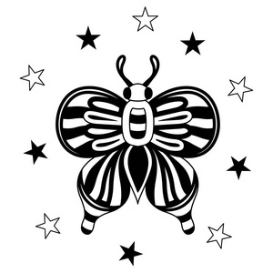 手画的黑色和白色的蝴蝶与星星。设计元素标签, 标志, 海报, t恤衫。矢量插图