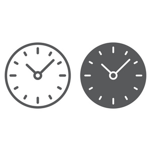 时间线和字形图标, 时钟和分钟, 小时符号, 矢量图形, 在白色背景上的线性模式, eps 10