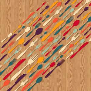 餐具剪影图标在木制背景