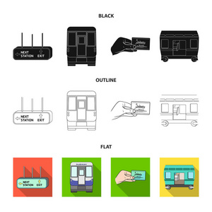 交通公共火车等网页图标以黑色扁平轮廓样式。集集合中的设备属性机制图标