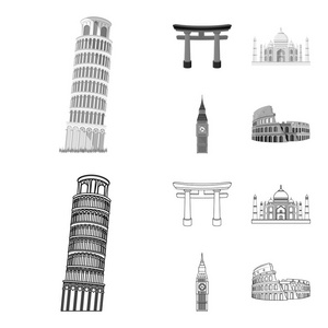 不同国家的景点概述, 单色图标在集合中进行设计。著名建筑矢量符号股票 web 插图