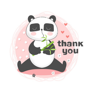 儿童插画与可爱的熊猫吃竹子的粉红色背景和文本谢谢你.矢量插图照片