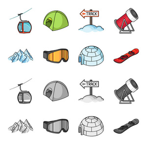 山, 护目镜, 冰屋, 滑雪板。滑雪胜地集合图标在卡通, 单色风格矢量符号股票插画网站