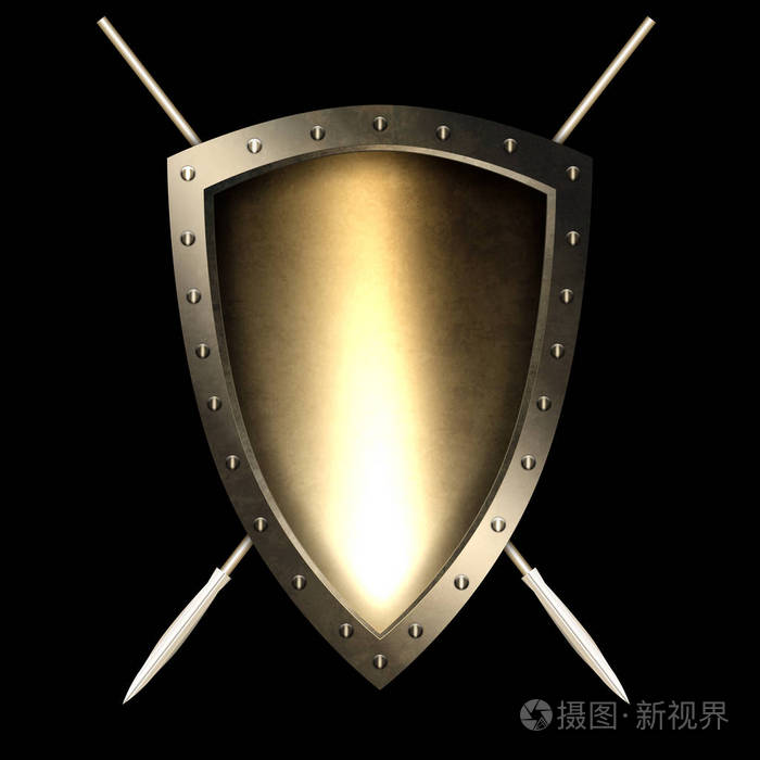 旧铆接盾与两个矛.在黑色背景上隔离