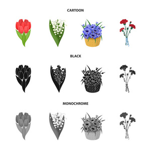 一束鲜花, 卡通, 黑色, 单色图标在集合中进行设计。各种花束矢量符号股票 web 插图