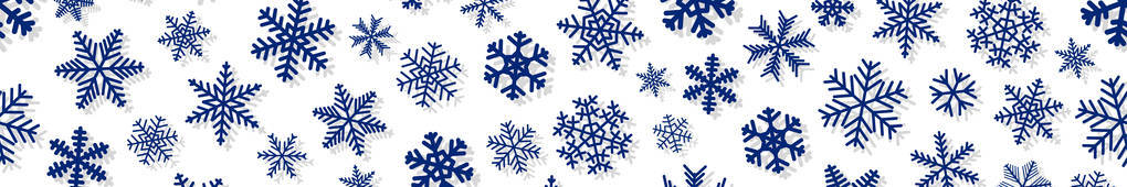 圣诞水平无缝横幅不同形状和大小的雪花与阴影。蓝色白色