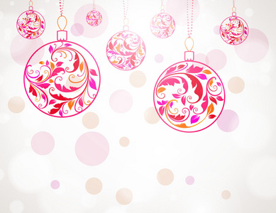 粉红圣诞复古背景与复古手绘制的圣诞设计的球