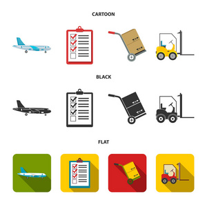 货物飞机, 运输车, 箱子, 叉车, 文件。物流, 集合图标在卡通, 黑色, 平面式矢量符号股票插画网站