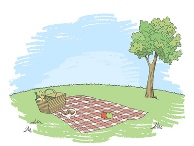 野餐篮图形色彩景观素描插画矢量照片