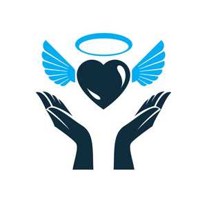 心与翅膀张开双手, 矢量图解插图, 爱与自由隐喻的象征.