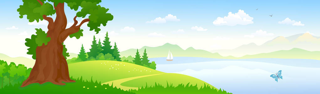 矢量卡通插图美丽的河流景观, 全景横幅照片