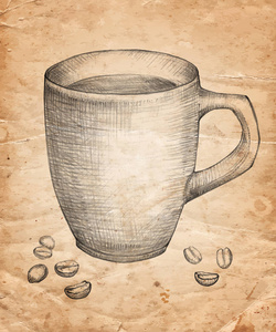 手拉杯咖啡与咖啡豆在旧纸张背景。矢量插图