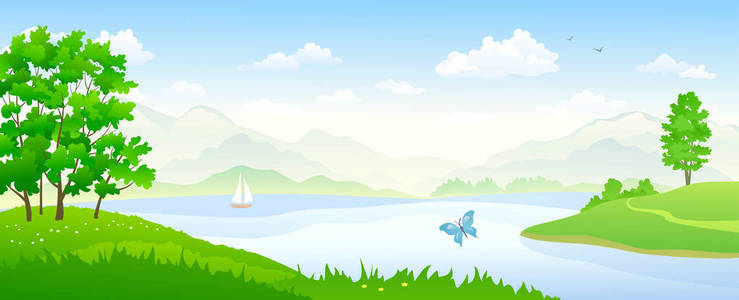 矢量卡通插图美丽的河流景观全景照片