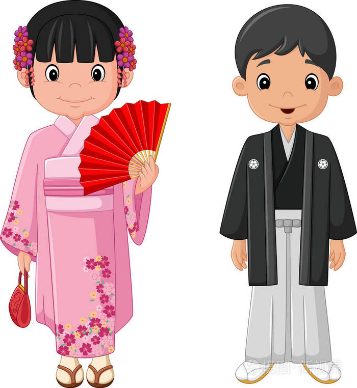 穿着传统服饰的卡通日本夫妇
