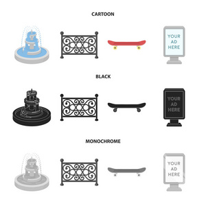 喷泉, 栅栏, 滑板, 广告牌。公园集合图标在卡通, 黑色, 单色风格矢量符号股票插画网站