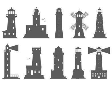 灯塔矢量剪影平探照灯塔为航海指南海洋灯塔光安全安全符号插图