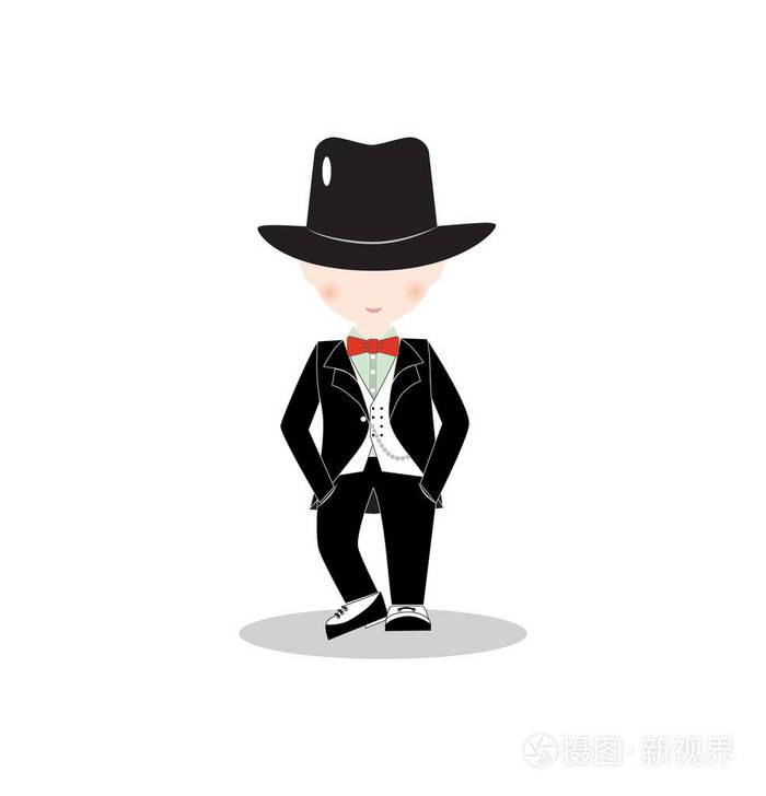 卡通小男孩身穿西装和黑色顶帽子年轻绅士身着经典复古风格矢量插画用