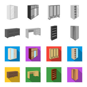 衣柜里有镜子, 衣柜, 搁着夹层。卧室家具集合图标单色, 平面式矢量符号股票插画网