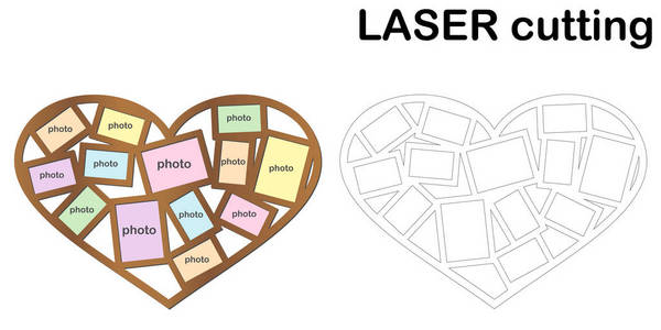 用于激光切割的照片的心形框架。拼贴画的相框。木材和金属用模板激光切割机