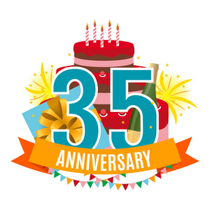 模板35周年祝贺, 贺卡与蛋糕, 礼品盒, 烟花和丝带邀请向量插图