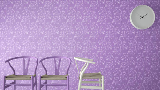 简约建筑师设计理念, 等待客厅与经典木椅和挂钟在紫罗兰色花卉壁纸背景, 室内设计理念与复制空间