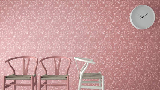 简约的建筑师设计理念, 等待客厅与经典的木椅和挂钟在粉红色花卉壁纸背景, 室内设计理念与复制空间
