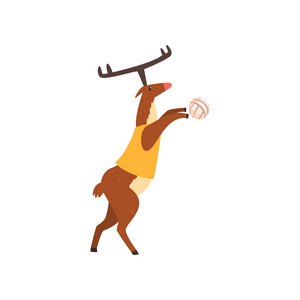 鹿在运动制服打排球, 滑稽的运动野生动物字符做体育媒介例证在白色