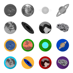 水星, 太阳系行星的冥王星。一个黑洞和一颗陨石。行星集合图标单色, 平面式矢量符号股票插画网站