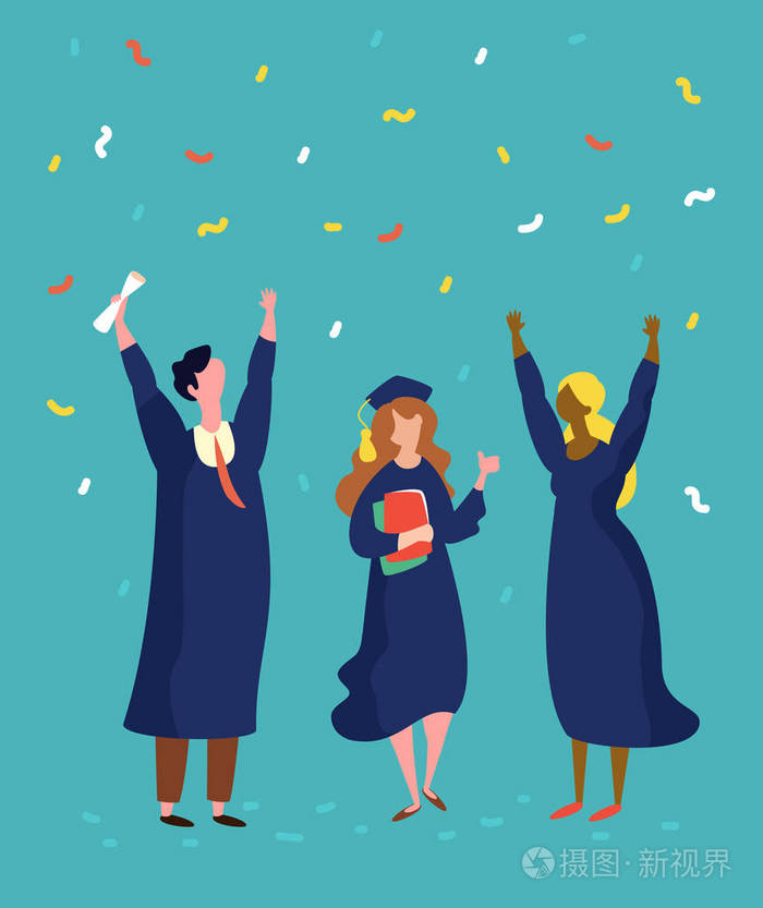 矢量插画毕业典礼平面风格与毕业生举手.开工日插画-正版商用图片05m3
