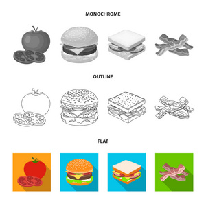 汉堡和配料扁平, 轮廓, 单色图标在集合中进行设计。汉堡烹饪矢量符号股票网页插图