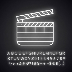 Clapperboard 霓虹灯图标。时间代码石板。带有字母数字和符号的发光符号。矢量隔离插图