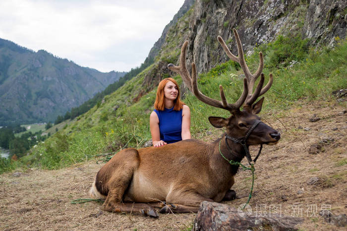 一个穿着运动服的年轻红头发的女孩抚摸着鹿 maral 的角和皮肤, 他躺