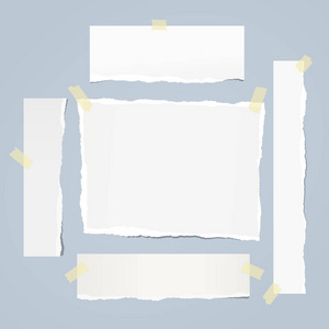 撕掉的白纸条, 笔记本纸片上贴着粘胶带的蓝色背景。矢量插图