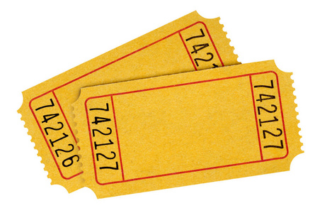 孤立在白色背景上的两个空白的黄色抽奖券
