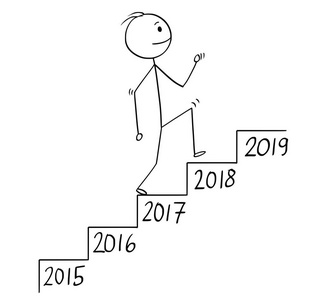 男人或商人的卡通走在楼梯上, 成长的隐喻时间照片
