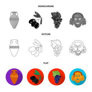 希腊, 橄榄, 树枝, 花瓶。希腊集合图标在平面, 轮廓, 单色风格矢量符号股票插画网站
