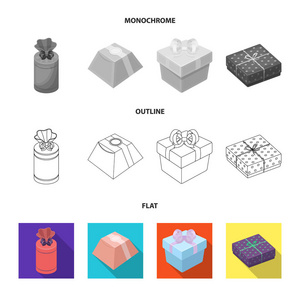 礼品盒带弓, 礼品袋。礼品和证书集合图标在平面, 轮廓, 单色样式矢量符号股票插画网站