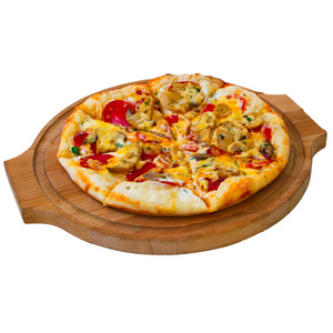 美味披萨上白色背景 c 上的木制 trayisolated