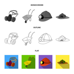 耳机和 raspirator, 手推车, 带灯笼的头盔, 矿井的入口。采矿业集合图标在平面, 轮廓, 单色样式矢量符号股票插画网
