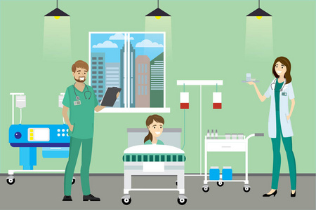医生, 护士和病人在医院的房间, 卡通矢量插图照片