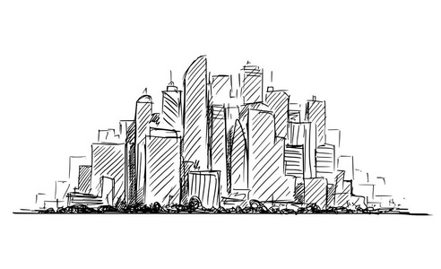 高层景观普通城市高层建筑景观与摩天大楼的矢量艺术素描照片