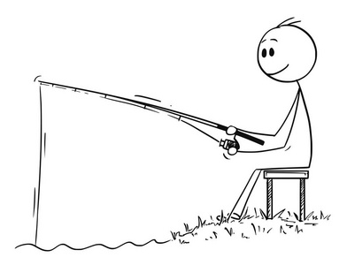 人或渔夫的动画片在河或湖岸上钓鱼