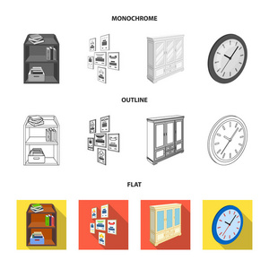 橱柜, 书架上的书籍和文件, 墙上的框架, 圆时钟。办公室内部集合图标在平面, 轮廓, 单色样式等距矢量符号股票插画网站