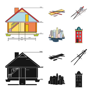 绘图配件, 大都会, 房子模型。建筑集合图标在卡通, 黑色的矢量符号股票插画网站