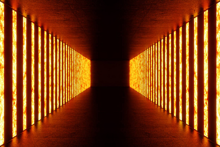3d 渲染暗亮的红色霓虹灯走廊。优雅的未来霓虹灯在墙上
