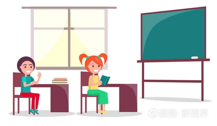 教室里有大窗户的学生坐在课桌旁.