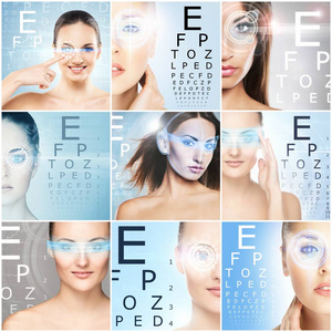 眼睛上有激光全息图的健康女性。关于眼睛扫描技术, 眼科和手术的拼贴。未来理念