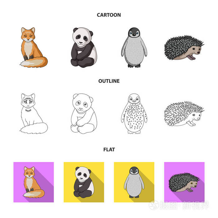 狐狸, 熊猫, 刺猬, 企鹅和其他动物。动物集合图标在卡通, 轮廓, 平面风格矢量符号股票插画网站