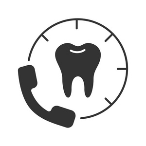 预约牙医标志符号图标。剪影符号。打电话到牙科诊所。负空间。矢量隔离插图